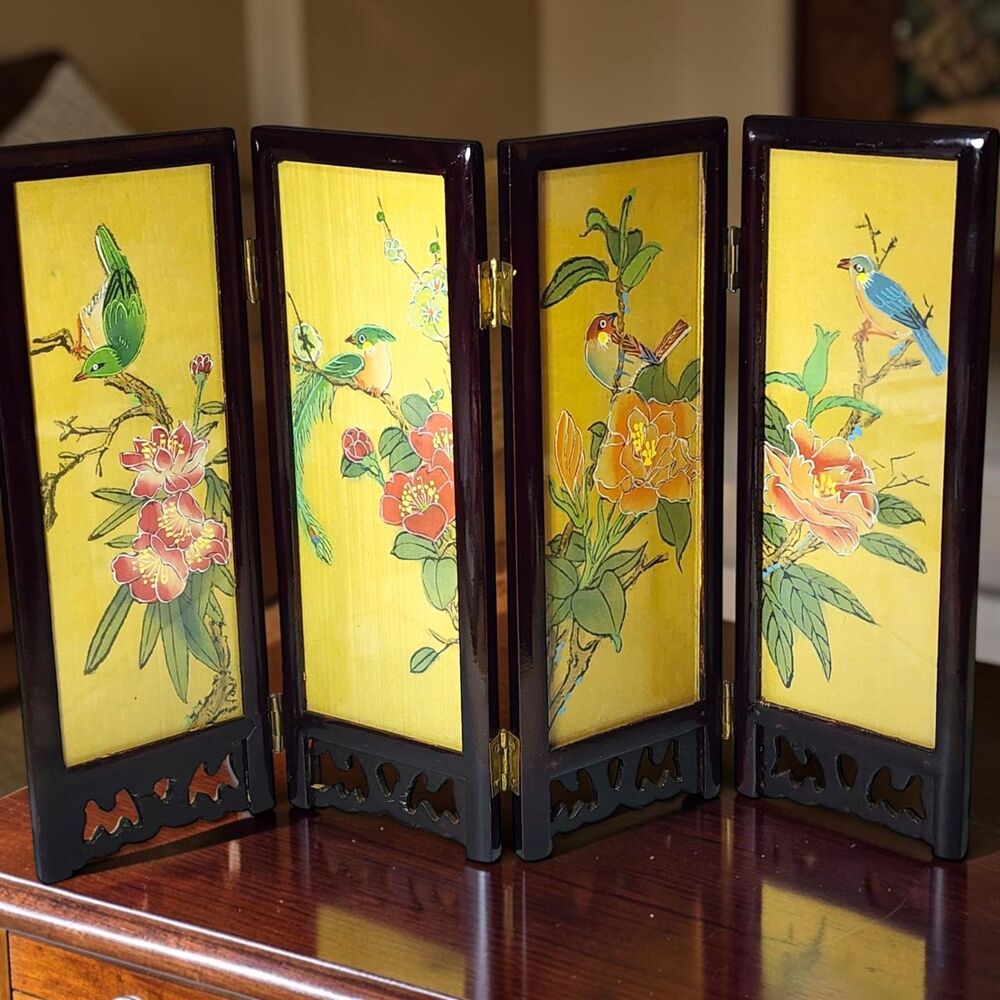 Vintage Chinese 4 Panel Folding Tabletop Screen Birds Flowers Landscape Glass